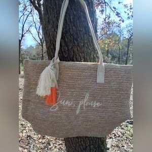 Chic Beige Woven Tote with Tassel